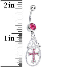 Load image into Gallery viewer, Pink Gem Oval Framed Elegant Cross Dangle Belly Ring