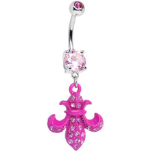 将图片加载到图库查看器,Pink Gem Hot Pink Flipped Fleur de Lis Dangle Belly Ring