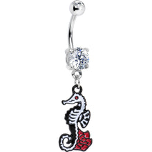 Load image into Gallery viewer, Clear Gem Smiling Seahorse and Red Rose Flower Dangle Belly Ring