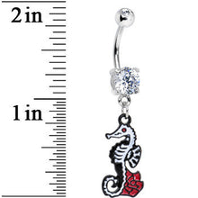 Load image into Gallery viewer, Clear Gem Smiling Seahorse and Red Rose Flower Dangle Belly Ring