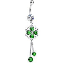 Load image into Gallery viewer, Clear CZ Green Four Heart Clover Dangle Belly Ring