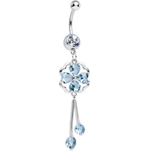 Load image into Gallery viewer, Clear CZ Aqua Four Heart Clover Dangle Belly Ring