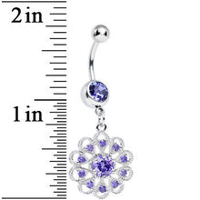 Load image into Gallery viewer, Purple CZ Round Crystal Flower Dangle Belly Ring