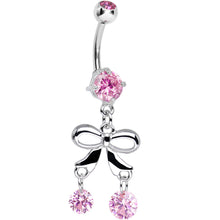 Load image into Gallery viewer, Pink Gem Duo of Round Drops and Bow Dangle Belly Ring