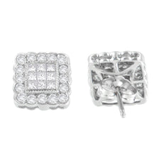 Load image into Gallery viewer, 14K White Gold 1.0 Cttw Round Brilliant & Princess Cut Diamond Scallop-Edge Framed Square Halo Stud Earrings (G-H Color, SI1-SI2 Clarity)