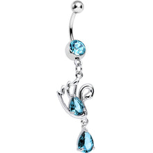 Load image into Gallery viewer, Aqua Cubic Zirconia Sparkling Raindrop and Swan Dangle Belly Ring