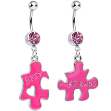 Load image into Gallery viewer, Pink Crystal Double Puzzle Piece Best Friends Dangle Belly Ring Set