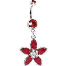 Load image into Gallery viewer, Red CZ Pearly Center Velvet Leaf Flower Dangle Belly Ring