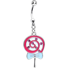 将图片加载到图库查看器,Pink Gem and Pink Swirled Bow Wrapped Lollipop Dangle Belly Ring