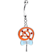 Load image into Gallery viewer, Orange Gem and Orange Swirled Bow Wrapped Lollipop Dangle Belly Ring