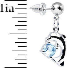 Load image into Gallery viewer, Aqua Cubic Zirconia Curious Curled Dolphin Dangle Post Earrings