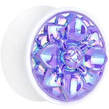 Load image into Gallery viewer, White Acrylic Pretty Purple Pearlescent Flower Saddle Plug Available in Sizes 0G to 25mm