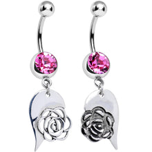 Load image into Gallery viewer, Pink Gem Garden Rose Flower Joined Heart Best Friends Dangle Belly Ring Set