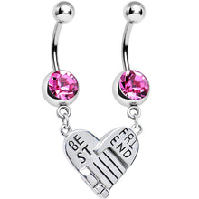 Load image into Gallery viewer, Pink Gem Holding Hands Best Friend Heart Dangle Belly Ring Set