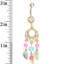 Load image into Gallery viewer, Clear Gem Gold Plated Pearly Feathers Dreamcatcher Dangle Belly Ring