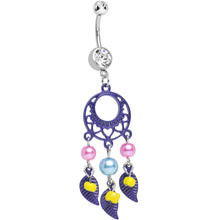 Load image into Gallery viewer, Clear Double CZ Pearly Feathers Purple Dreamcatcher Dangle Belly Ring