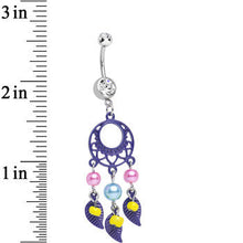 Load image into Gallery viewer, Clear Double CZ Pearly Feathers Purple Dreamcatcher Dangle Belly Ring