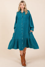 Load image into Gallery viewer, New Mineral Wash Cotton Gauze Ruffle Midi Shirt Dress For Women – Trendy, Chic, Casual & Feminine Design For Any Occasion