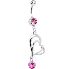 Load image into Gallery viewer, Pink CZ Enchanted by Love Hollow Twin Heart Dangle Belly Ring