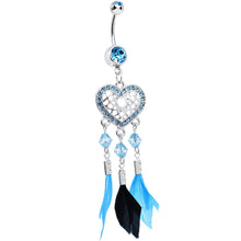 将图片加载到图库查看器,Aqua Gem Blue and Black Feather Flutter Heart Dangle Belly Ring