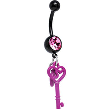 Load image into Gallery viewer, Pink Gem Black Plated Unlock the Secret Skeleton Key Dangle Belly Ring