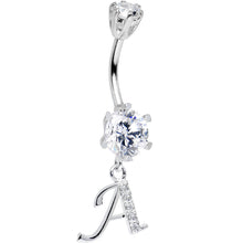 Load image into Gallery viewer, 925 Sterling Silver Clear CZ Ornate Script Initial A Dangle Belly Ring