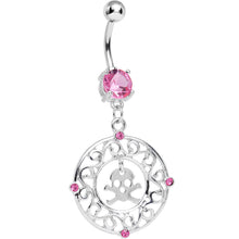 Load image into Gallery viewer, Pink CZ Fancy Framed Skull and Crossbones Dangle Belly Ring