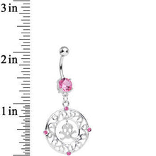 Load image into Gallery viewer, Pink CZ Fancy Framed Skull and Crossbones Dangle Belly Ring