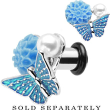 Load image into Gallery viewer, 2G Blue Acrylic Flower Aqua Butterfly Single Flare Steel Plug
