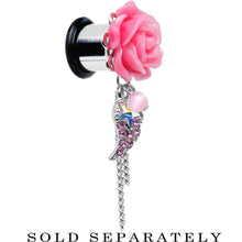 Load image into Gallery viewer, Pink Gem Angel Wing and Pink Rose Flower Single Flare Dangle Plug Sizes 0G to 16mm