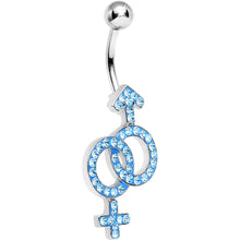 Load image into Gallery viewer, Aqua Gem Joined Female and Male Symbols Dangle Belly Ring