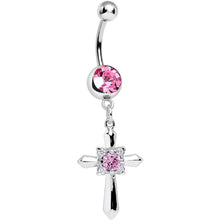 Load image into Gallery viewer, Pink Cubic Zirconia Sparkling Pious Cross Dangle Belly Ring