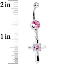 Load image into Gallery viewer, Pink Cubic Zirconia Sparkling Pious Cross Dangle Belly Ring