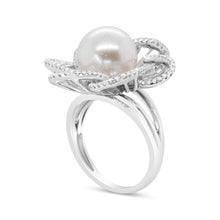 Load image into Gallery viewer, 14K White Gold 11mm Round Pearl and 1/3 Cttw Round Diamond Openwork Flower Blossom Ring (H-I Color, VS1-VS2 Clarity) - Size 6.50