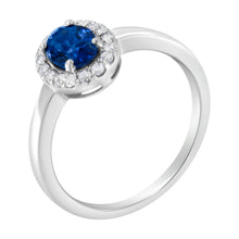 Load image into Gallery viewer, 10K White Gold 1/5 Cttw Round Diamond and Prong Set 7MM Created Blue Sapphire Halo Cocktail Ring (H-I Color, I1-I2 Clarity) - Size 7