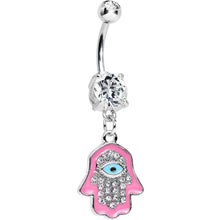 将图片加载到图库查看器,Clear Cubic Zirconia Blessed Pink Hamsa Hand Dangle Belly Ring