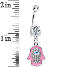 将图片加载到图库查看器,Clear Cubic Zirconia Blessed Pink Hamsa Hand Dangle Belly Ring
