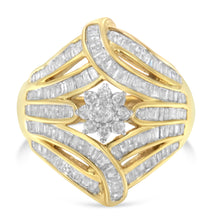 将图片加载到图库查看器,10K Yellow Gold Flashed .925 Sterling Silver 1-1/8 Cttw Round & Baguette Diamond 'Flower & Fern' Cluster Cocktail Fashion Ring (I-J Color, I2-I3 Clarity) - Size 6