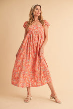 Load image into Gallery viewer, Cutout Back Floral Square Neck Puff Sleeve Midi Summer Dress For Women – Elegant & Feminine with Modern Details, Perfect for Special Occasions