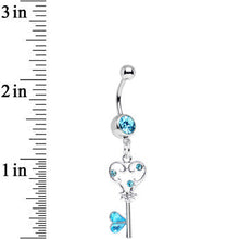 Load image into Gallery viewer, Aqua Gem Fancy Curlicue Heart Key Dangle Belly Ring