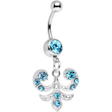 Load image into Gallery viewer, Aqua Gem Elaborate French Swirls Dangle Belly Ring