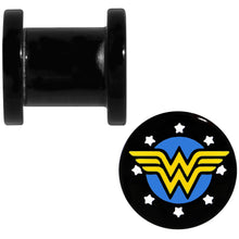Load image into Gallery viewer, 0G Black Acrylic Licensed Wonder Woman Logo Screw Fit Plug Set