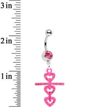 Load image into Gallery viewer, Pink Gem Cross of Pink Hearts Dangle Belly Ring