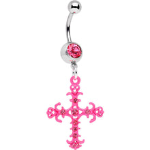 Load image into Gallery viewer, Pink Gem Baroque Pink Cross Dangle Belly Ring