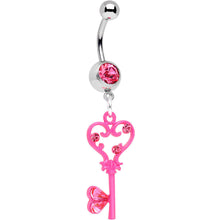 Load image into Gallery viewer, Pink Gem Pink Heart Key to Unlock Love Dangle Belly Ring