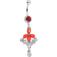Load image into Gallery viewer, Red Gem Clear Drops Glittery Flower Dangle Belly Ring