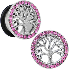Load image into Gallery viewer, 5/8 Pink Gem Stainless Steel Single Flare Tree of Life Plug Set