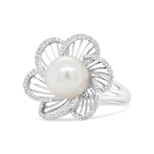 Load image into Gallery viewer, 14K White Gold 11mm Round Pearl and 1/3 Cttw Round Diamond Openwork Flower Blossom Ring (H-I Color, VS1-VS2 Clarity) - Size 6.50