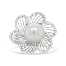 Load image into Gallery viewer, 14K White Gold 11mm Round Pearl and 1/3 Cttw Round Diamond Openwork Flower Blossom Ring (H-I Color, VS1-VS2 Clarity) - Size 6.50