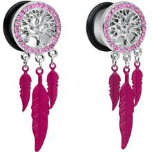 Load image into Gallery viewer, 9/16 Pink Gem Steel Single Flare Tree of Life Dangle Plug Set